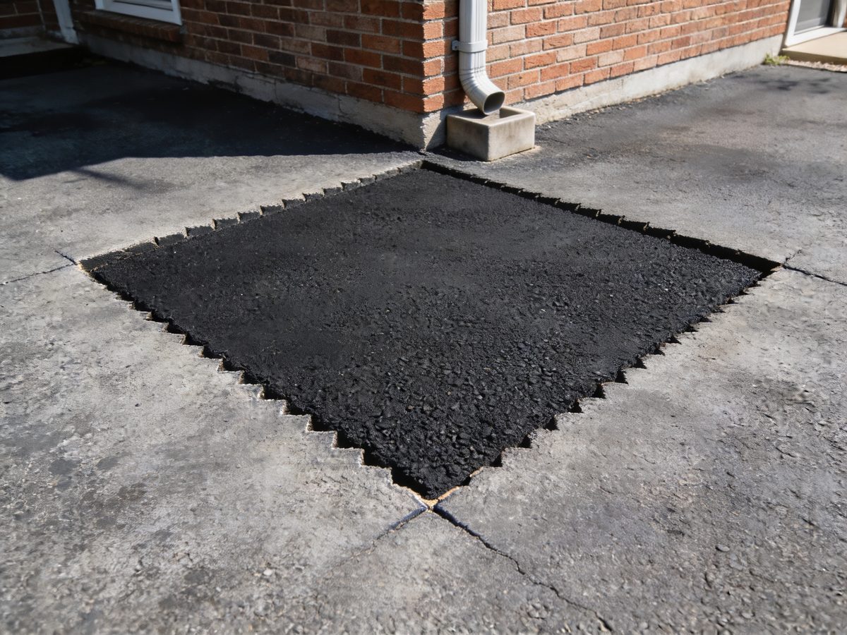 A square saw-cut asphalt patch set flush into an older driveway surface