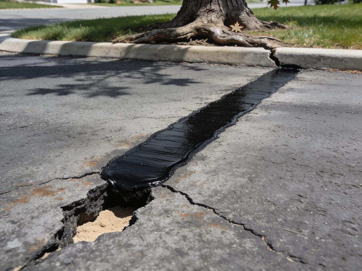 A crack in an asphalt driveway filled flush with black rubberised crack sealant