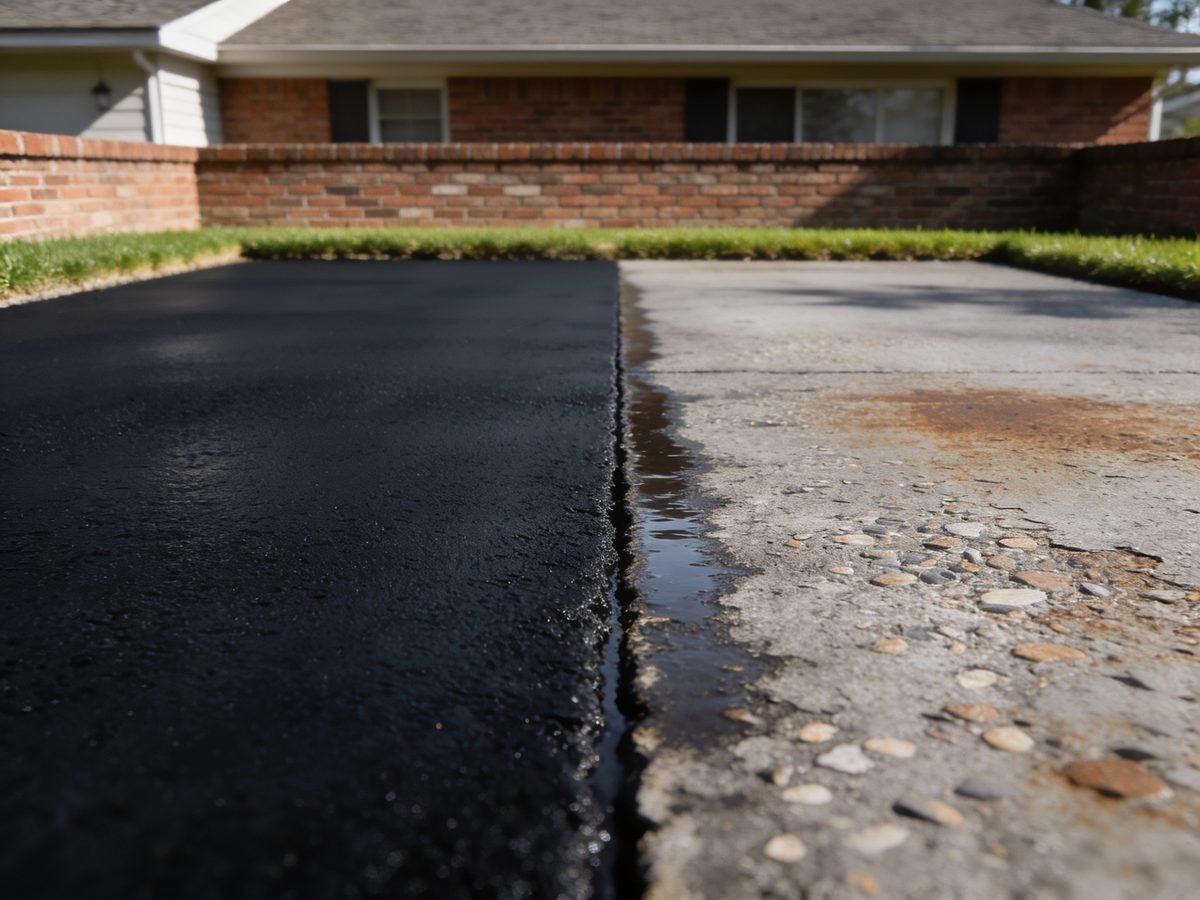 An asphalt driveway with one half freshly sealcoated black and the other half still weathered grey