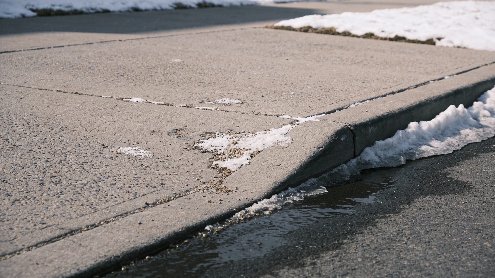 A weathered asphalt driveway apron at the street with road salt residue and melting snow