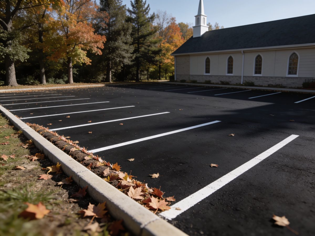 A sealed and striped parking lot with autumn leaves gathered along the kerb
