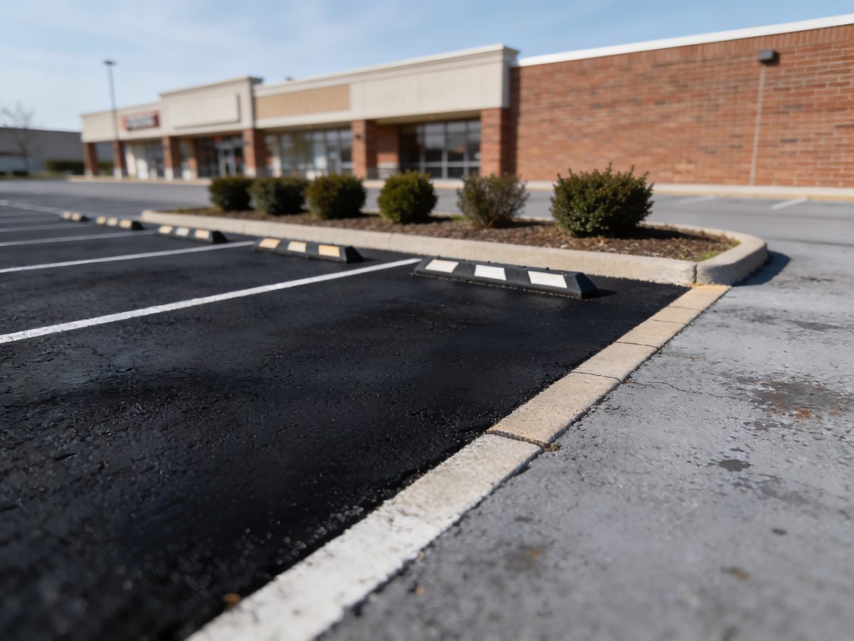 A parking lot with a freshly sealcoated section beside faded grey asphalt